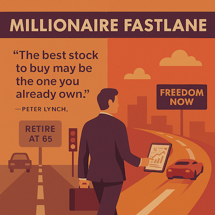 A flat-style split-screen illustration showing two contrasting roads to wealth. On the left, a slow, straight road with an old car, a red traffic light, and a “Retire at 65” sign under a muted brown-orange sky. On the right, a sleek red sports car speeds along a curved open highway toward a “Freedom Now” sign under a vibrant orange sky.