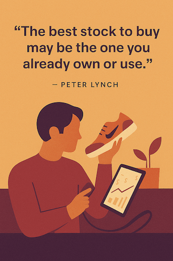A flat-style illustration of a man at home holding a sneaker in one hand while scrolling through financial data on a tablet with the other. Above him, in bold dark text, is Peter Lynch’s quote: “Know what you own, and know why you own it.” The warm ochre background and burgundy accents create a cozy, focused atmosphere.