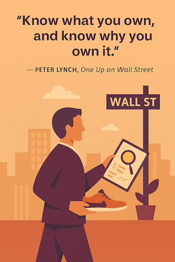 A flat-style illustration of Peter Lynch in a dark suit, carrying a briefcase, walking along Wall Street with iconic financial buildings in the background. A “WALL ST” street sign stands prominently to the side, and warm muted tones suggest late afternoon light