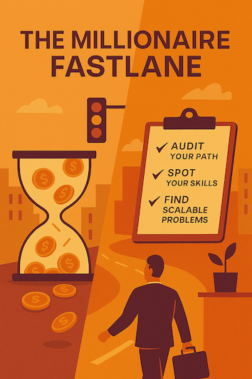 A flat-style illustration on a warm orange background showing a large hourglass spilling gold coins instead of sand. The coins fall onto a clipboard checklist with items like “Audit Your Path,” “Spot Your Skills,” and “Find Scalable Problems,” each ticked off. The design symbolizes gaining wealth while you still have time to enjoy it, and turning Fastlane principles into actionable steps.