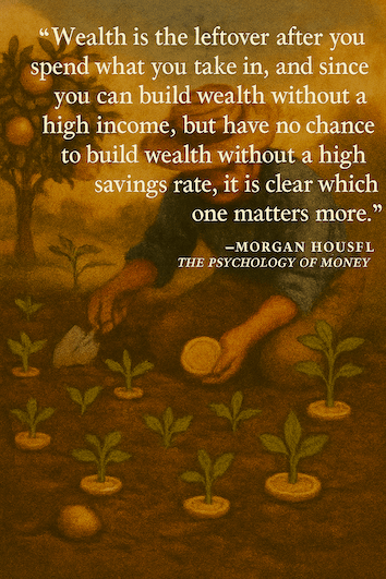 A warm, painterly illustration of a middle‑aged gardener in a wide‑brimmed straw hat planting a large gold coin into rich soil. Around them, young plants sprout from coins embedded in the earth, while to the left stands a mature tree heavy with golden fruit. Above the scene, a quote from Morgan Housel’s The Psychology of Money reads: “Wealth is the leftover after you spend what you take in… it is clear which one matters more.” The background shows rolling hills under a golden‑orange sky, symbolizing how small, consistent actions grow into lasting wealth.