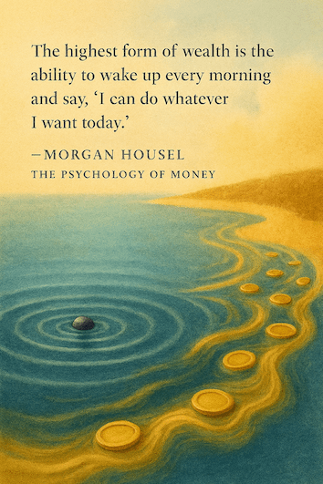 A serene digital illustration of a single pebble dropping into a calm blue pond, creating concentric ripples that gradually transform into golden waves carrying coins toward a sandy shore. Above the scene, Morgan Housel’s quote reads: “The highest form of wealth is the ability to wake up every morning and say, ‘I can do whatever I want today.’” The warm sky fades from pale orange to soft blue, and the mood is tranquil and reflective, symbolizing how small, deliberate actions can compound into significant financial freedom.