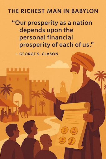 A flat-style illustration of Arkad standing before the towering Ishtar Gate of ancient Babylon, scroll in hand, speaking to three townspeople in simple tunics. Palm trees and the Euphrates River frame the background under a warm desert sky. Above the scene, in bold dark text, is the quote: “A part of all you earn is yours to keep.” — George S. Clason.