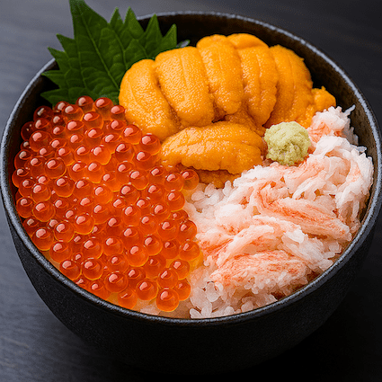 A Japanese seafood donburi bowl filled with fresh uni (sea urchin), ikura (salmon roe), and shredded crab over rice, presented in a dark ceramic bowl with vibrant colors.