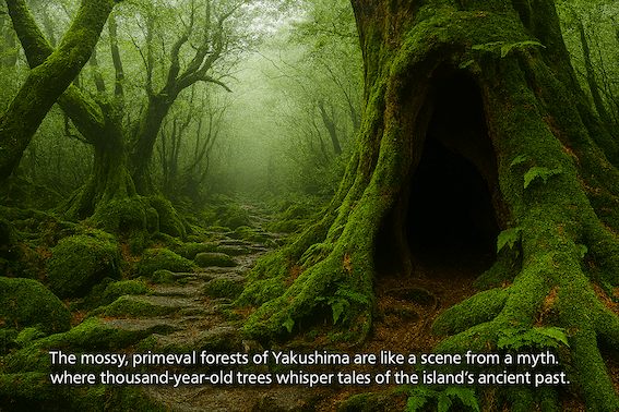 Ancient moss‑covered cedar forest on Yakushima Island, Kagoshima Prefecture, Japan, with towering gnarled trees, ferns, and a misty trail disappearing into the distance