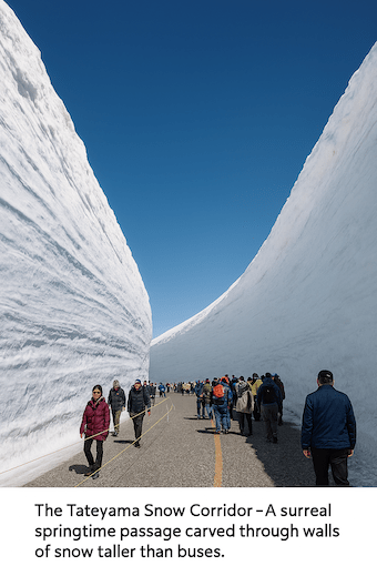 Travelers walking between towering 20‑meter snow walls along the Tateyama Kurobe Alpine Route in Toyama, Japan, under a brilliant blue sky